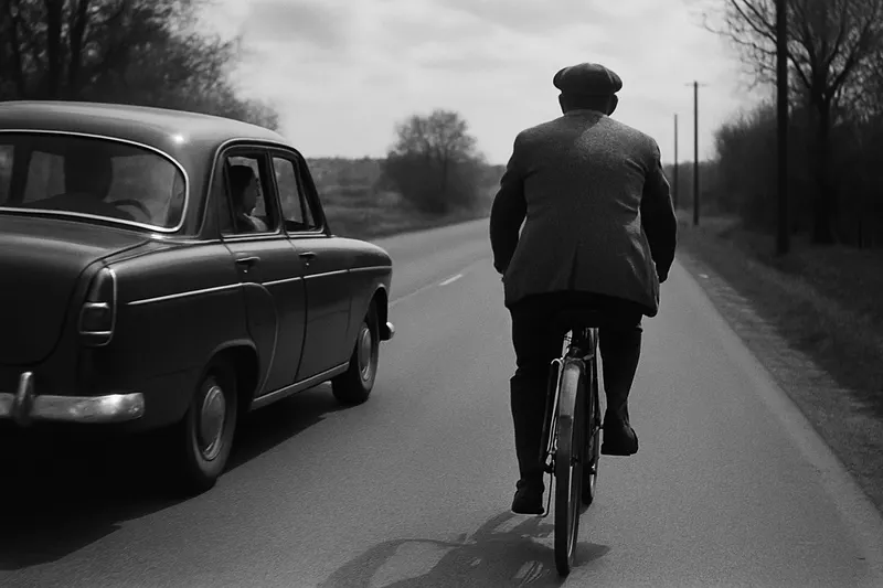 Cyklista u kraje vozovky, kolem projíždí auto