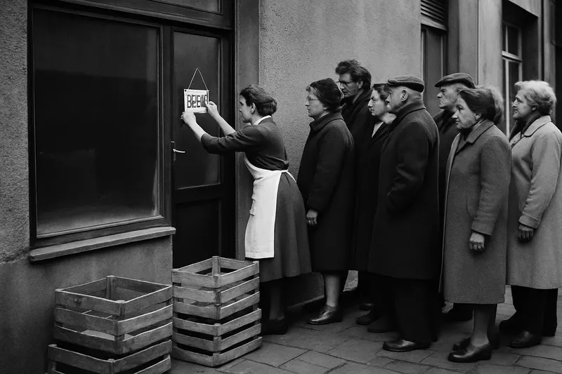 Fronta lidí před obchodem s prázdnou výlohou, prodavačka věší na dveře ceduli, na chodníku stojí prázdné přepravky