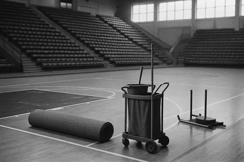 Prázdná sportovní hala po skončení závodu, na podlaze srolovaný pruh koberce, vedle stojí úklidový vozík a odstavená zátěžová saň