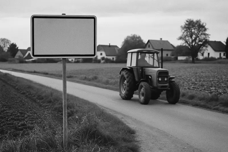 Cedule na kraji vesnice u silnice, za ní pole a několik domů, kolem projíždí traktor