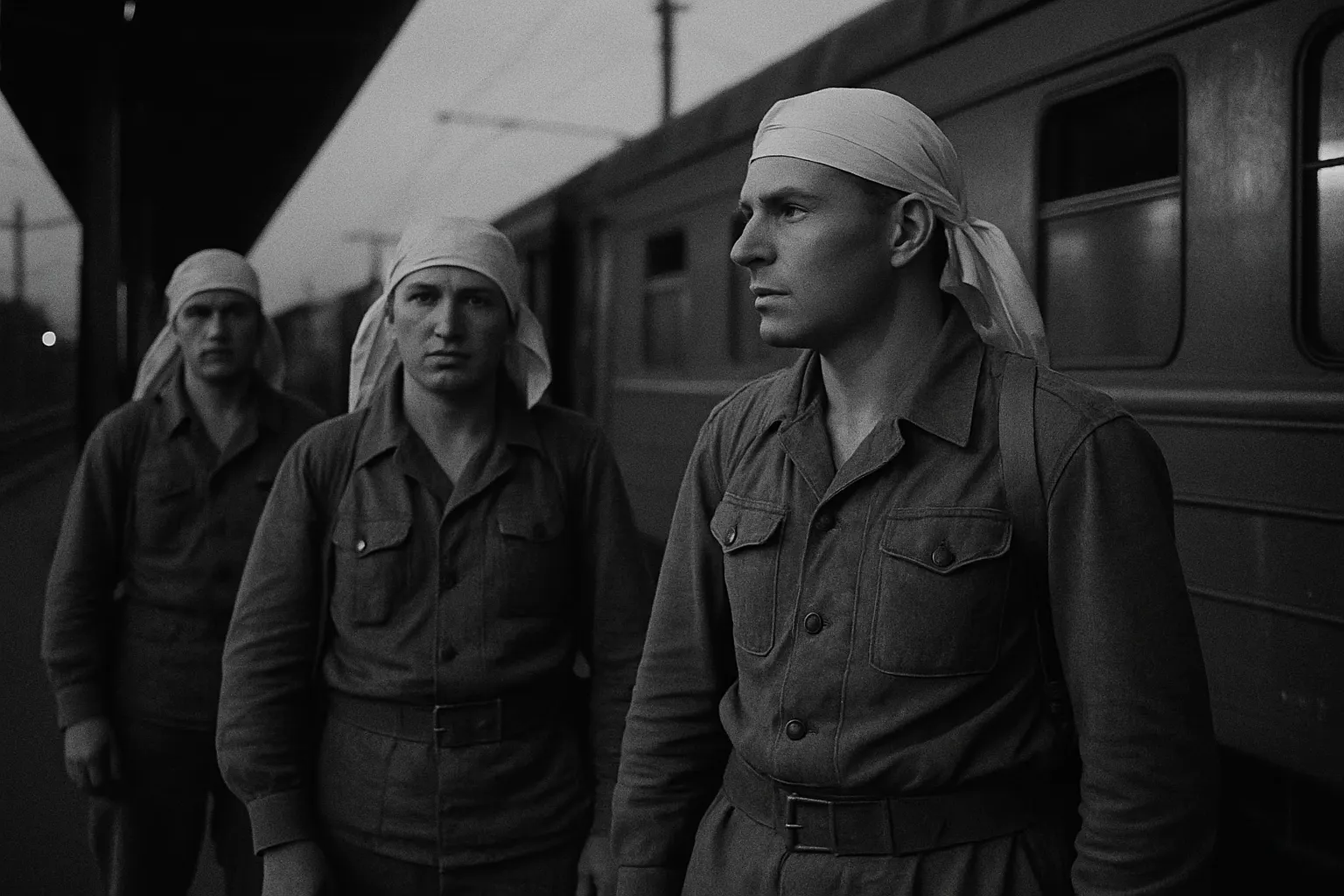Vojáci v plátěných uniformách s bílými šátky na hlavách stojí za soumraku na nástupišti vedle vlaku