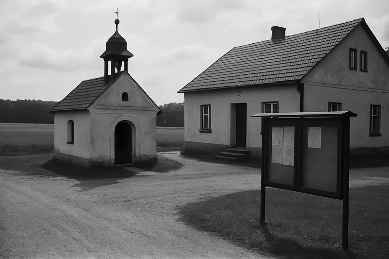 Malá náves s kapličkou a jedním úředním domkem, před ním stojí vývěska se skleněnou tabulí, kolem pole a les, nikdo v záběru