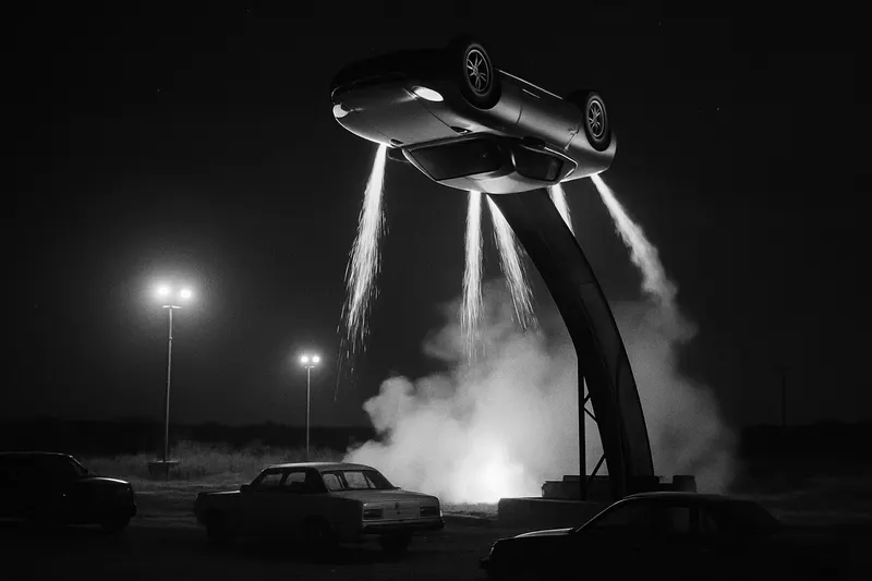 Noc na raketové zkušebně v texaské prérii, nad vysokou zakřivenou ocelovou rampou visí ve vzduchu vzhůru nohama nízké dvoumístné sportovní auto bez znaku, z trysek kolem karoserie z něj šlehají dlouhé bílé proudy stlačeného plynu, pod ním oblak páry nasvícený reflektory na stožárech, dole stojí zaparkovaná auta, žádní lidé