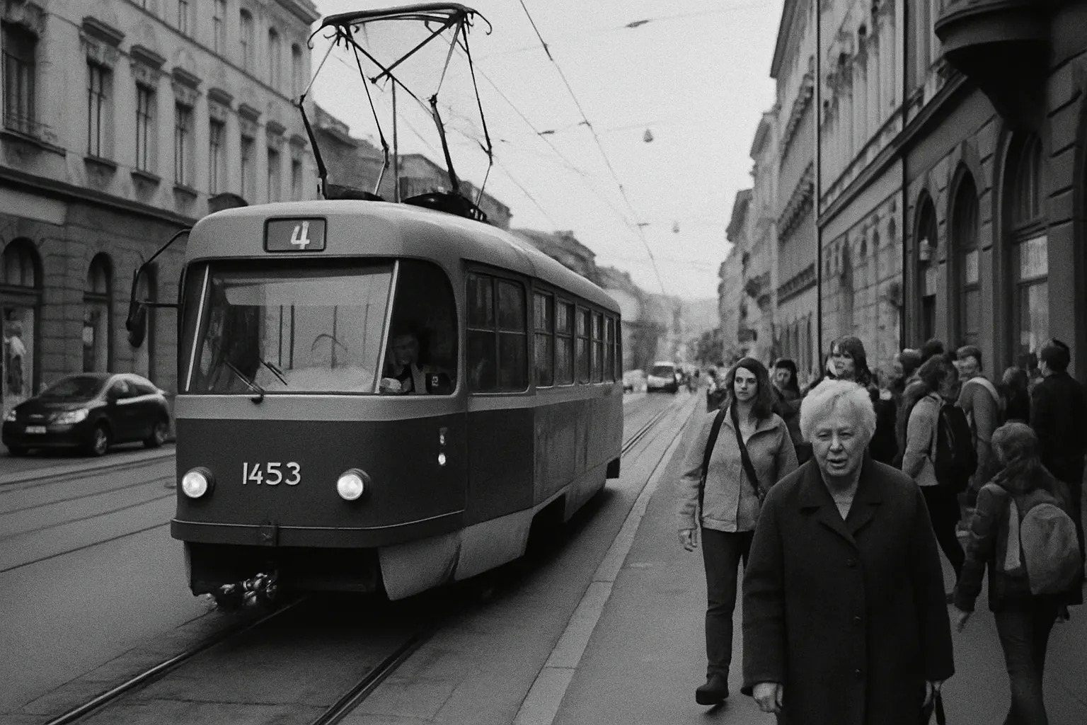 Tramvaj stojící v zastávce, cestující nastupují