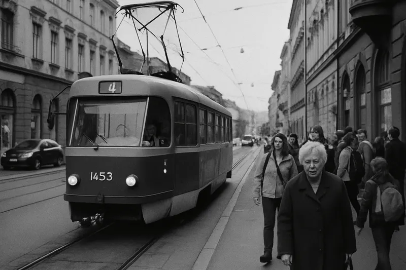 Tramvaj stojící v zastávce, cestující nastupují
