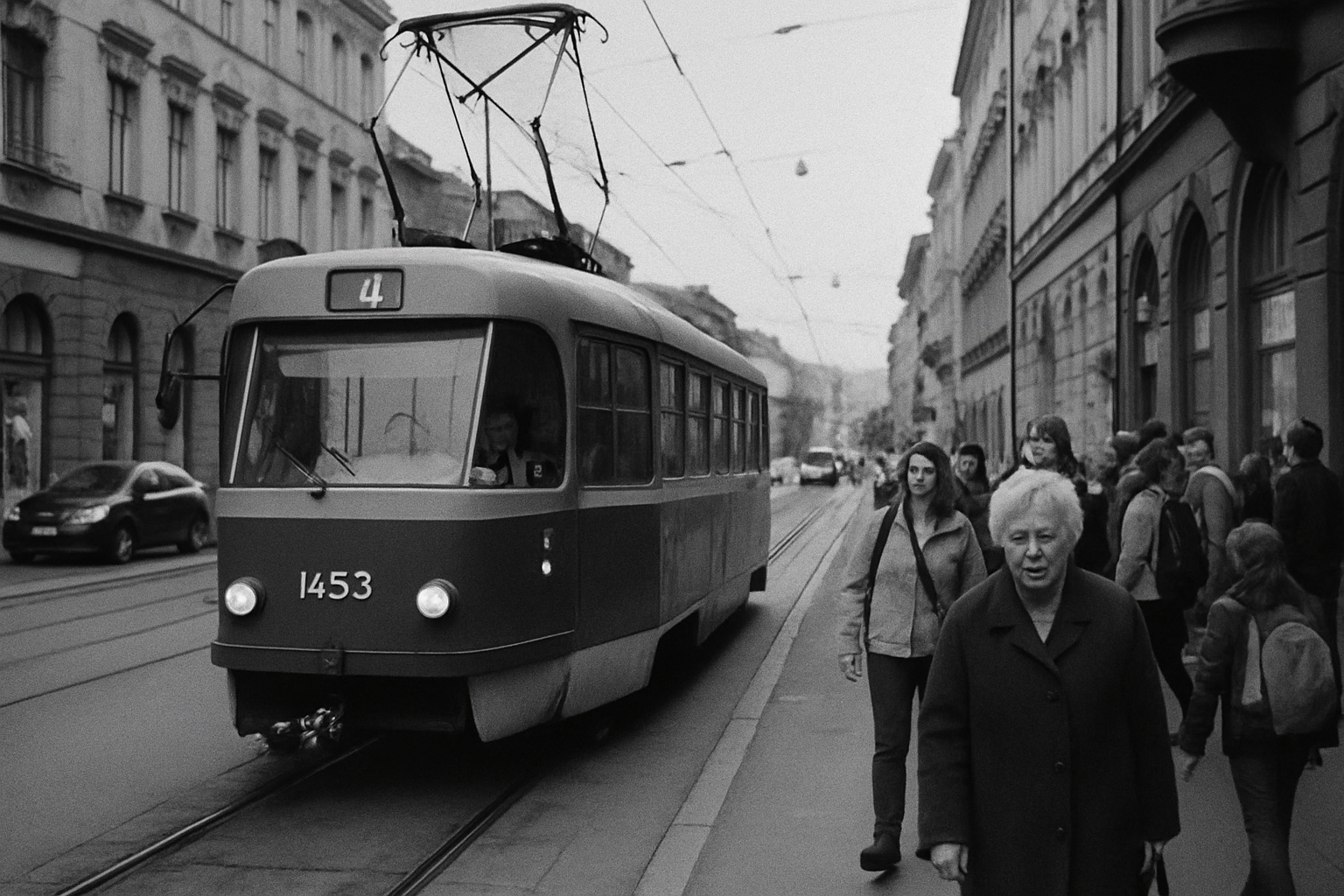 Tramvaj stojící v zastávce, cestující nastupují