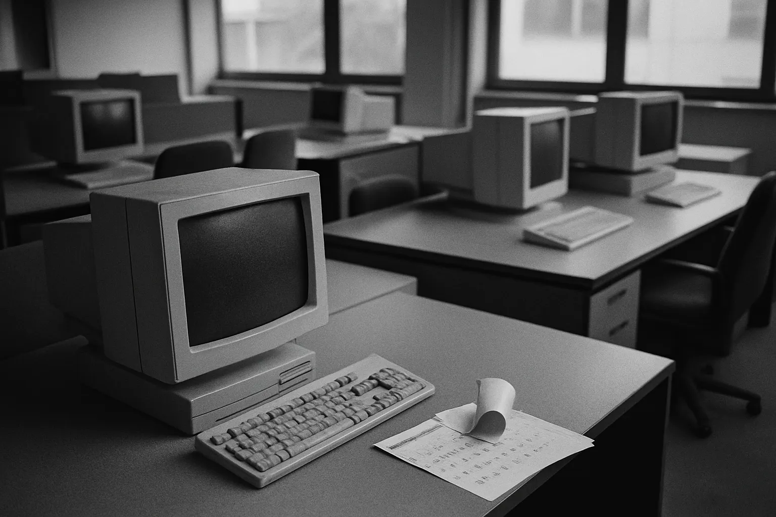 Kancelář s vypnutými stolními počítači z konce devadesátých let, na monitorech vrstva prachu, na stole odtržený nástěnný kalendář, nikdo v záběru