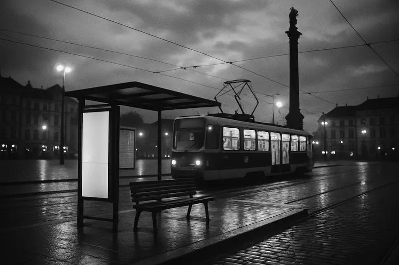 Tramvajová zastávka na velkém náměstí za soumraku, prázdná lavička, mokrá dlažba, v pozadí vysoký tmavý kamenný sloup, nikdo tam nestojí